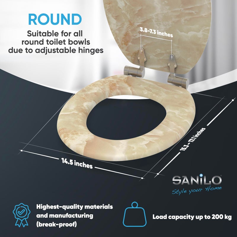 SANILO Wooden Toilet Seat with Soft Close [ROUND] - Decorative, Quiet & Slow Close Molded Wood Seat - With Strong Bumpers & Hinges - Adjustable Fit â€“ Marble Nature - Image 3